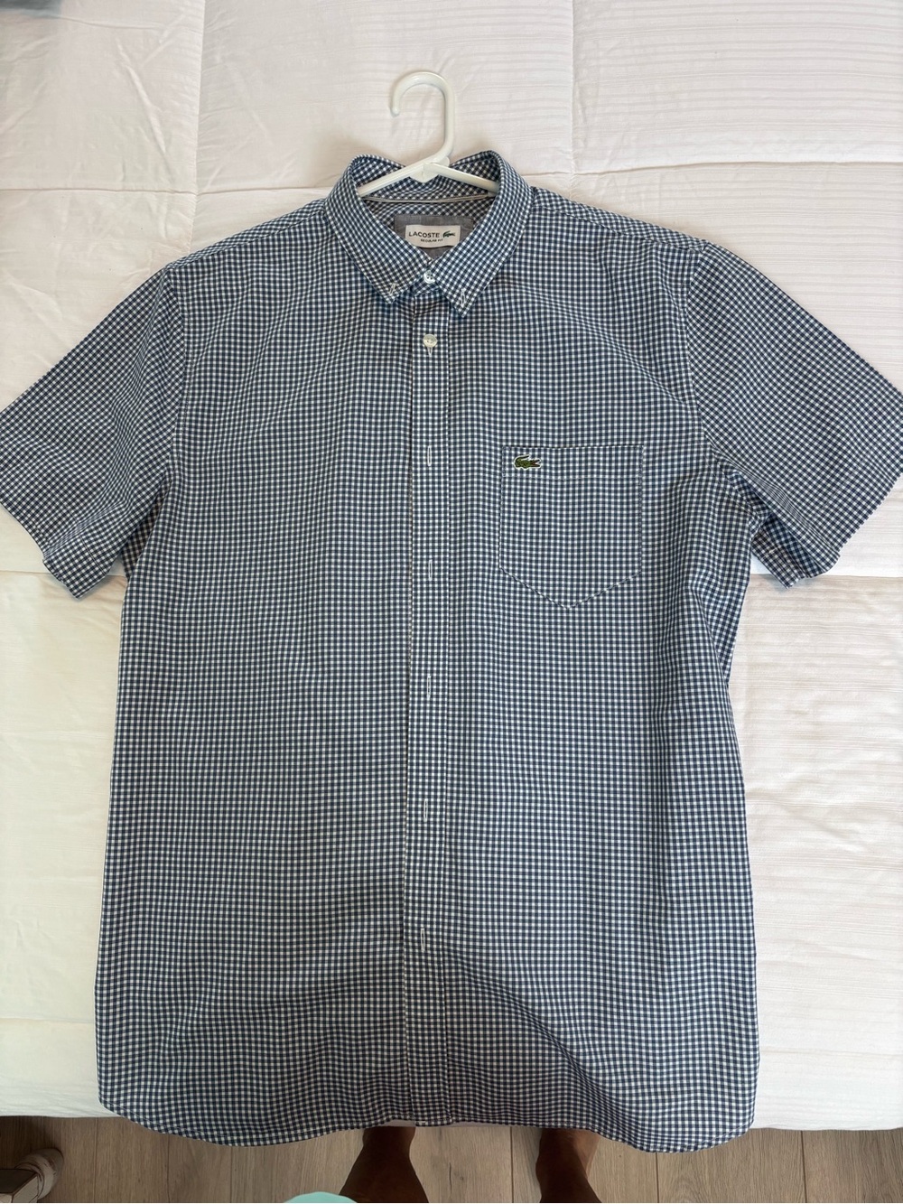 Lacoste Men’s Navy and White Gingham Polo like new, Size L